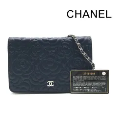 超美品 CHANEL シャネル ココマーク カメリア レザー チェーン ウォレット ショルダー バッグ 財布 ネイビー レディース ブランド r1192