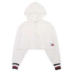 美品 TOMMY HILFIGER トミーヒルフィガー クロップド パーカー スウェット プルオーバー 裏毛 XS アイボリー オフホワイト レディース 古着 中古 USED