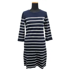 RALPH LAUREN ラルフローレン ボーダー カットソー ワンピース チュニック 七分袖 プルオーバー ワンポイント ロゴ M ネイビー レディース 古着 中古 USED
