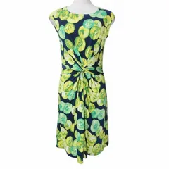 フィフィーユ fifilles ワンピース フランス製 プリントジャージー ひざ丈 ノースリーブ クロスドレープ 総柄 T1 S相当 ネイビー イエロー グリーン X