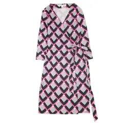 美品 DIANE von FURSTENBERG ダイアンフォンファステンバーグ ラップ ワンピース ドレス 総柄 2 ブラック×ピンク レディース 古着 中古 USED