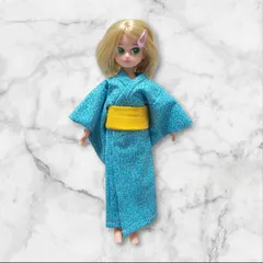 1/6ドール用アウトフィット　浴衣二点セット　水色×花柄　黄色帯　さわやかな色合い