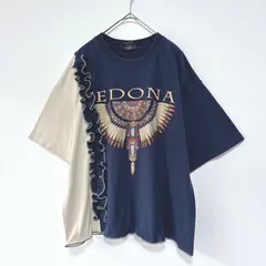 古着リメイクTシャツ　ネイビー×ベージュ　フロントフリル　プリントTシャツ　紺　アシンメトリー　ギャザーフリル　レディーストップス