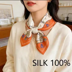 【スカーフ】新品 シルク100％ 53×53cm タッセル柄 オレンジ