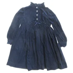 良品 RALPH LAUREN ラルフローレン コーデュロイ ワンピース ドレス フリル ロゴ 刺繍 サイズ120 紺 ネイビー キッズ 古着 中古 USED