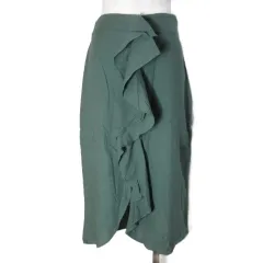 ザラ ベーシック ZARA BASIC タグ付き ラッフルスカート タイト ミディ丈 リネン レーヨン フロントスリット XS 160/62A 緑 グリーン /X 