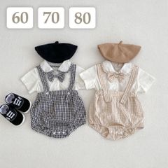 60 70 80 cm 〔 チェック柄サロペットロンパース 〕チェック サロペット ロンパース フォーマルスーツ セットアップ セレモニースーツ 蝶ネクタイ 半袖 子供 ベビー キッズ 男の子 出産祝い 百日祝い 入園式 結婚式 ベージュ ブラック 黒