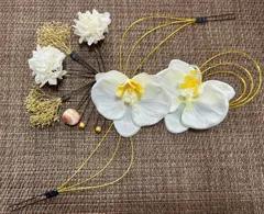 胡蝶蘭髪飾り　プリザーブドフラワーコチョウラン髪飾り　プリザーブドカスミソウピン　パールピン　卒業式　結婚式　水引ピンもおつけします