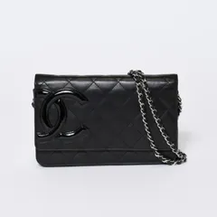 CHANEL シャネル カンボンライン ココマーク チェーンウォレット 16番台 ブラック ピンク ラムスキン シルバー金具 美品 中古 4b013613