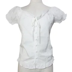 ミュゲ muguet タグ付き ブラウス 771499498 パフスリーブ オフショルダー 半袖 レース シャーリング フリーサイズ 白 ホワイト /X