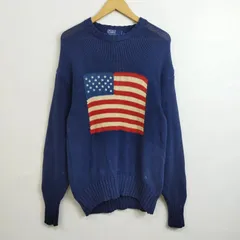 90s Polo by Ralph Lauren ポロラルフローレン 星条旗 コットン ニット セーター アメリカ国旗 古着 VINTAGE ネイビー系 M ネイビー系 C685
