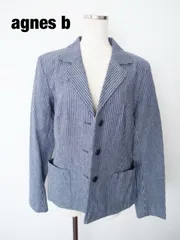 【新品】agnes b　アニエスベー　ストライプコットンリネンジャケット　定価55000円　LLサイズ　４２　ネイビー　オフホワイト　〈公式〉6060　肩パッド付き　お出掛け　送料込み　6465911のサムネイル