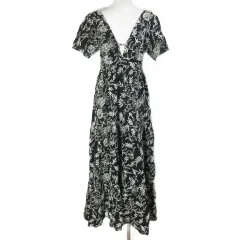 ザラ ZARA エンブロイダリーティアードワンピース ロング 刺繡 半袖 レースアップ オープンバック 3092/994/084 M 170/88A 黒 白 /X