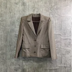 【T-882】千鳥格子 セットアップ レディース M ジャケット スカート 上下セット ブラウン ベージュ フレアスカート テーラードジャケット きれいめ 上品 古着 秋冬 人気 定番