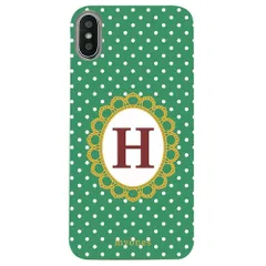 【新品未使用】らくらくスマートフォンme F-01L クリア ハードケース ( 水玉模様  イニシャルH ) グリーン ドット 水玉 イニシャル アルファベット