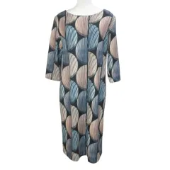 イタリア製 プリントワンピース ひざ丈 7分袖 ジャージー素材 総柄 ボートネック L マルチカラー /X