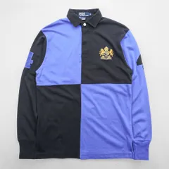 Polo Ralph Lauren 90年代 長袖 ポロシャツ ラガーシャツ M ブラック ブルー カラーブロック エンブレムロゴ ナンバリング
