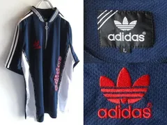 希少 ビンテージ adidas アディダス トレフォイルロゴ刺繍 メッシュジャージー ハーフジップ プルオーバーシャツ L ネイビー ホワイト 紺白