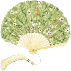 レタヤ 扇子 レディース おしゃれ 浴衣 夏 白 紺 青 緑 花柄 かわいい 扇子袋付き 竹製 シェル 涼し気 (グリーン)