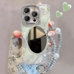 グリーンチューリップ柄 チェーンハンドル付き ミラーケース iPhone 17/16 Pro Max/15 Pro/14/13 対応 カメラ全面保護
