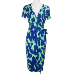 ダイアンフォンファステンバーグ DIANE von FURSTENBERG ラップワンピース 17SS シルクジャージー ロング 半袖 総柄 0 S相当 ブルー グリーン /X
