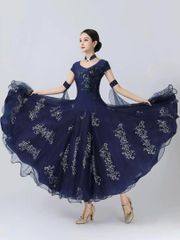 スパンコール】新品 紺 花柄レース ステージ社交ダンス用ワンピース