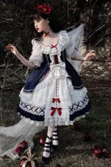 新品 未使用  26新作 白×青 白雪姫風ロリータワンピMサイズ　撮影会や女子会、イベントに 社交ダンスドレス ラテンダンス衣装 レッスンウェア ステージ衣装