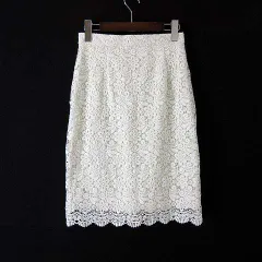 ユニクロ UNIQLO スカート タイト 花柄 レース 刺繍 スカラップヘム ひざ丈 M オフ白 アイボリー