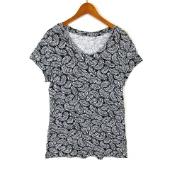 エイチ&エム H&M カットソー Tシャツ 総柄 落ち感 とろみ ストレッチ 半袖 M 黒 ブラック オフ白