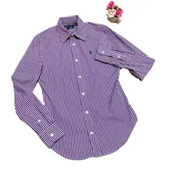 【美品】Ralph Lauren ラルフローレン レディース2 スリムフィットシャツ パープルストライプ 長袖 コットン100
