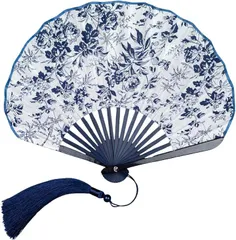 レタヤ 扇子 レディース おしゃれ 浴衣 夏 白 紺 青 緑 花柄 かわいい 扇子袋付き 竹製 シェル 涼し気 (ネイビー)