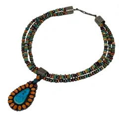 インディアンジュエリー/ナバホ族/スターリングシルバー/マルチストランド/ターコイズ/スパイニー/ネックレス/箱・保存箱付/メンズ/RS0656