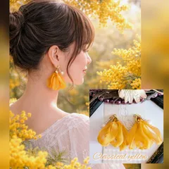 人気♡ふんわり揺れる シフォン リボン タッセル ピアス イヤリング クラシカルイエロー