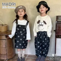 単品 韓国子供服 即購入OK 兄妹 姉弟 可愛い ブラック デニムパンツ ドット 水玉 デニム キャミワンピース ワンピース 黒 ペア キッズ カジュアル 服 おしゃれ デニム 長ズボン 春 秋 男の子 女の子 80 90 xkxiaoz236