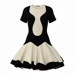 84c19 ALEXANDER MQUEENN アレキサンダーマックイーン 半袖ニットワンピース フレアワンピース バイカラー レディース 女性服 イタリア製 サイズS ブラック オフホワイトu02t