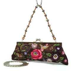 HR0575 美品 2WAY ハンドバッグ チェーン ショルダーバッグ パーティーバッグ がま口 ビジュー サテン×ビーズ ブラウン×マルチカラー アンティーク ヴィンテージ