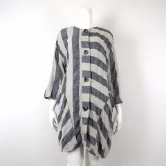 ジャンニ ロ ジュディチェ GIANNI LO GIUDICE リネン ワンピース チュニック 7分袖 ランダム ボーダー柄 L 40 グレーベージュ 炭黒 チャコールブラック