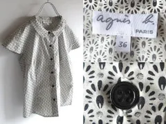 agnes b. アニエスベー 総柄 アート柄 コットン 丸襟 ラウンドカラー フレンチスリーブシャツ ブラウス 36 日本製 国内正規品