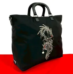 極 美品 希少品 PRADA プラダ 三角ロゴ 金具 ドラゴン サフィアーノレザー ナイロン トートバッグ ハンドバッグ ブラック 黒 25319