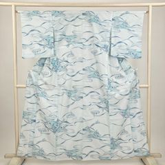 レディース 【なでしこ】絽 夏 小紋 流水 雁 白 青 着丈161 裄丈63.5 k1353