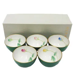 未使用品 香蘭社 湯呑揃 5客セット ブライトローズ グリーン 金縁 和食器 紙箱付き G41995-CEN Z003-08-0319①