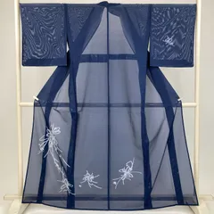 たんす屋 TANSU-YA 着物 リユース着物 夏訪問着 紺 カジュアル セミフォーマル 紐 雪輪 プリント 絽 夏 ポリエステル 未洗い 【身丈】158cm【裄丈】67.5cm MS7538