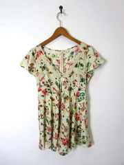 ロイヤルパーティー ROYAL PARTY ワンピース パンツ フレア 花柄 レース配色 Vネック 半袖 M ベージュ