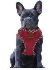 デニム犬用ハーネス、通気性の高いメッシュ素材、軽量、ハーネス胸元に反射材付き - 中型犬用 (ハーネス(レッド), M胴範囲42-48cm)