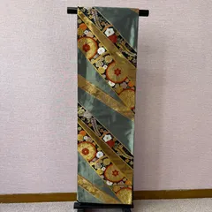 袋帯　着物　帯　六通　黒緑　花柄　竹柄　リサイクル着物　f-1028