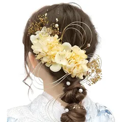【新品】 [Baramoly] 髪飾り 成人式 和装小物 卒業式 結婚式 和装 着物 袴 振袖 プリザーブドフラワー かすみ草 あじさい ヘアアクセサリー 水引 専用ケース付き ZZ301 金 ゴールド 1