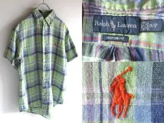 希少 ビンテージ Ralph Lauren ラルフローレン CUSTOM FIT ロゴ刺繍 チェック リネン BDシャツ S ライトグリーン USA企画