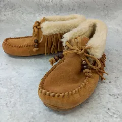 MINNETONKA ミネトンカ ショートブーツ スエード ボア フリンジ モカシンシューズ ブラウン 6サイズ ◇、〇☆