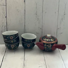 九谷焼　急須　湯呑(5客)　6点まとめセット！　唐草　金彩　青粒