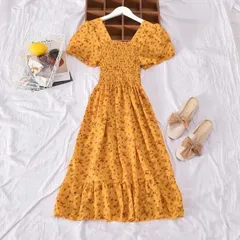 Z2025夏新作  ワンピース 花柄 スクエアネック ウエストマーク 着痩せ フリル レディース 新品 送料無料